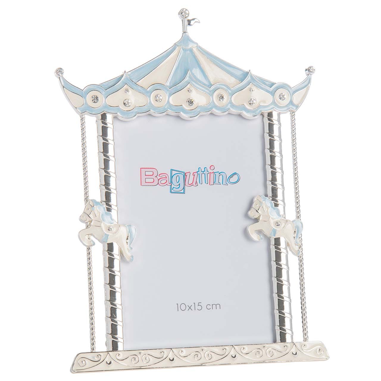 PORTAFOTO 10x15 IN SIVER PLATED A TEATRO CON CAVALLINI AZZURRI